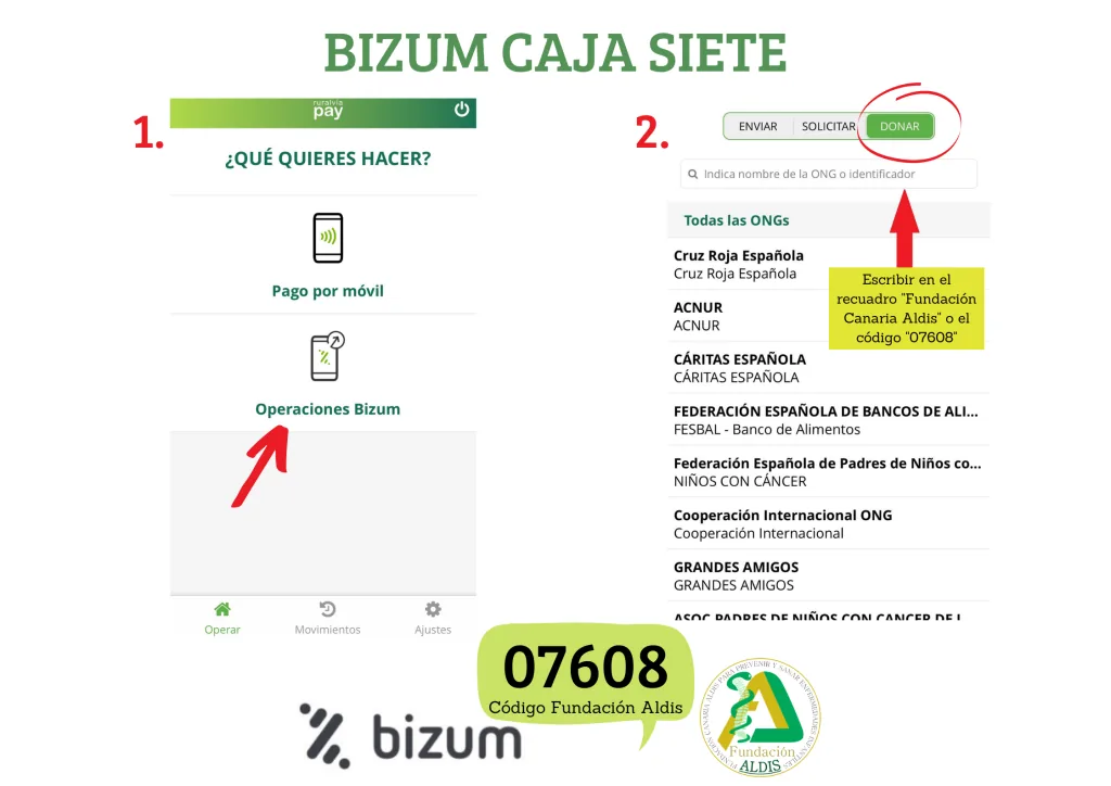 Pasos para donar por Bizum desde Caja Siete