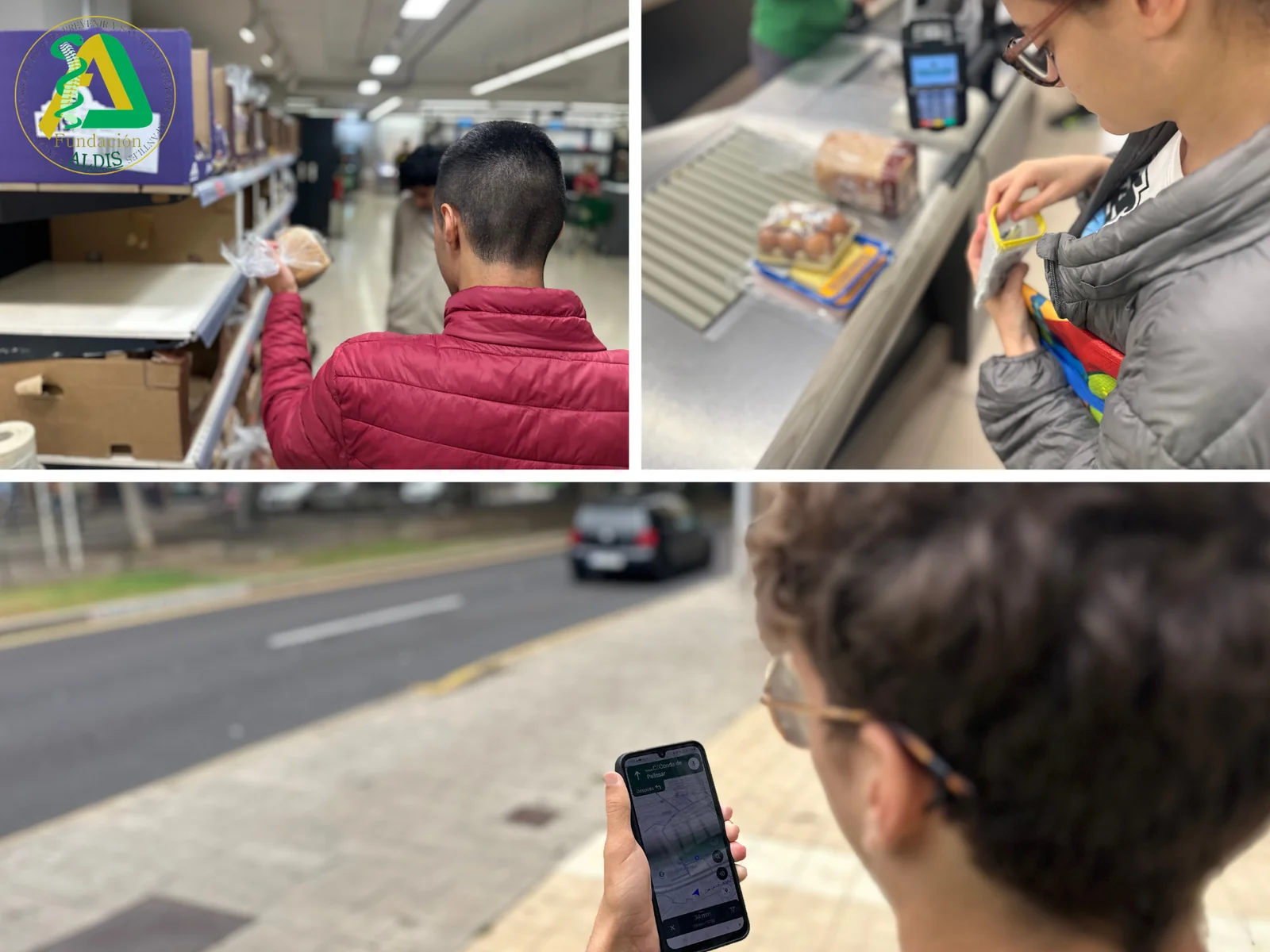 Jóvenes de Aldis haciendo la compra, pagando en caja y orientándose con el móvil por la calle